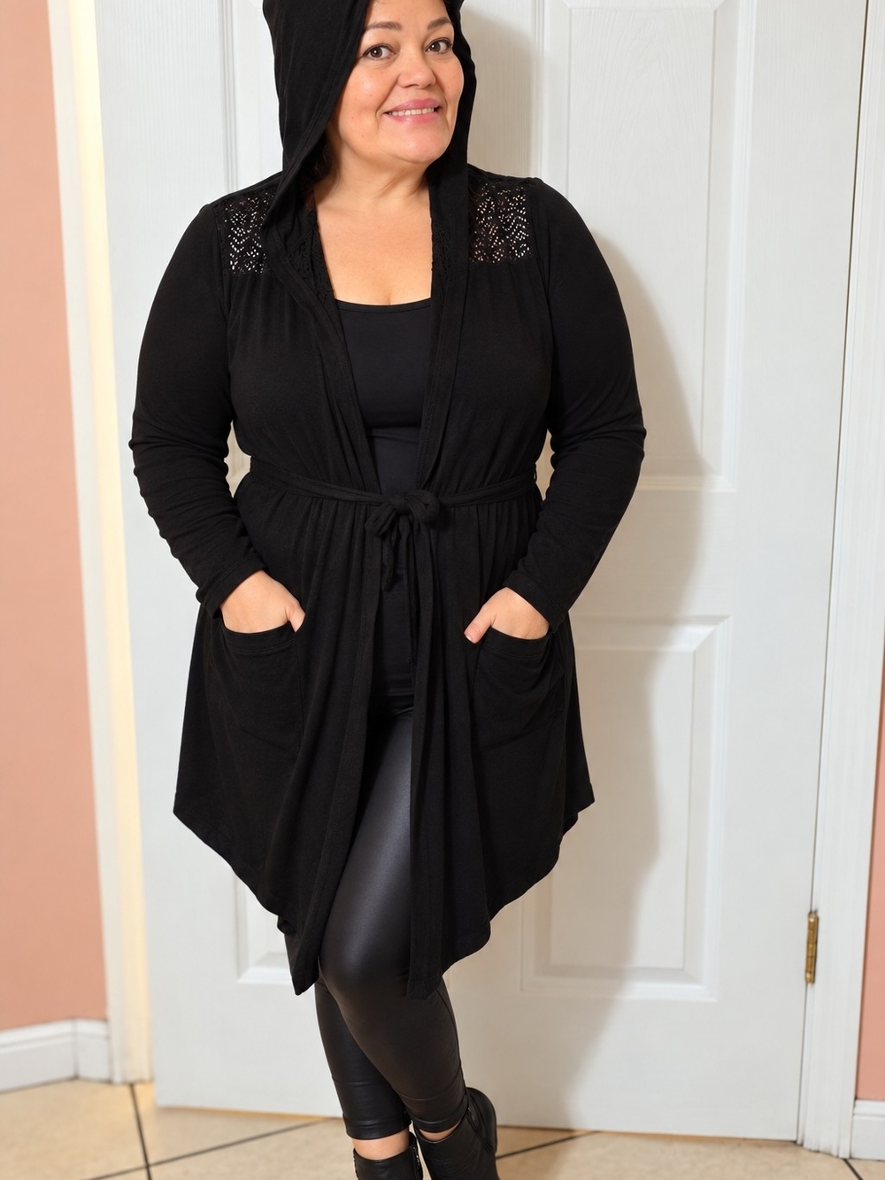 Torrid Super Soft Size 2 Black Lace Hooded Sweater Cardigan Longline